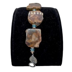 Vtg Petrified Wood Slab Panel Blue Crystal Bracelet Sterling Silver Leaf Clasp