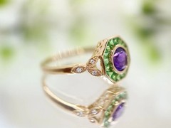 Art Deco Amethyst & Emerald Lab Created Diamond Wedding Ring 14K Yellow Gold FN