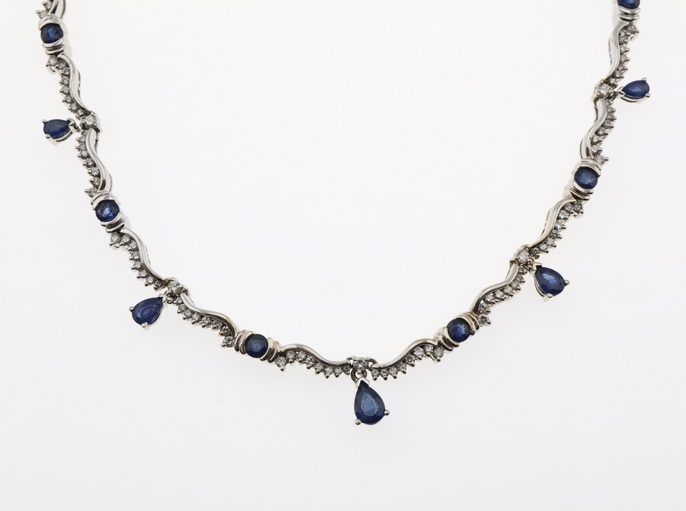 14K White Gold Natural Sapphire & Diamond Necklace 17.5″