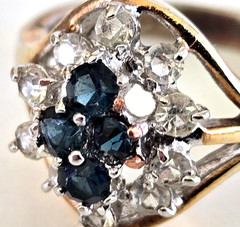 Vintage Sapphire & Clear Glass Cocktail Gold Tone Ring Size 7 Signed G