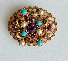 Vintage Filigree Brooch Purple Rhinestone Turquoise Faux Pearl 1 5/8″ Oval Pin