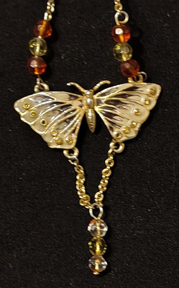 Vintage Cookie Lee Enamel Butterfly Necklace Amber Yellow Bead Drop Clasp Tag