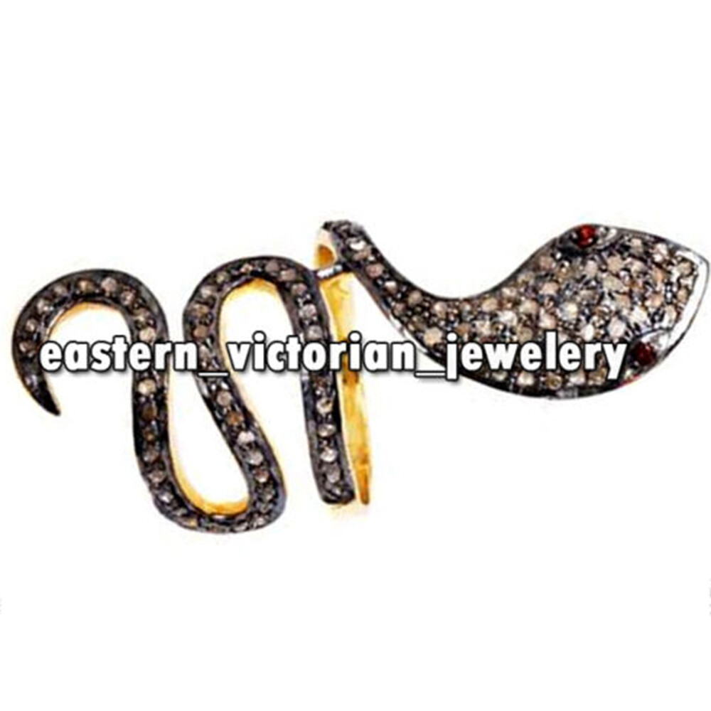 1.07Ctw Rose Cut Diamond Ruby Studded Vintage Silver Stunning Snake Ring Jewelry