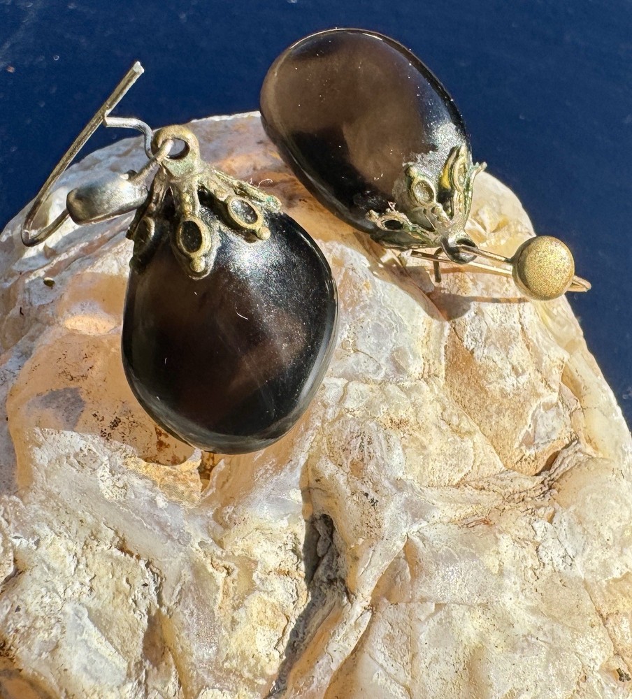 Vintage Eggplant Glass French Jet Style Dangle-Drop Earrings w Ornate Metal Caps