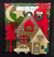 Vintage Pins By Lucinda Glittery Christmas Holiday Night House Scene Pin Brooch