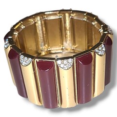 Vintage Burgundy Enamel Rhinestone Gold Tone Stretch Bracelet Statement