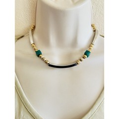 Modernist BOHO necklace VTG Gold Silver Plated Metal Bar Chain Two Tone 70s MCM