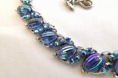 RARE VTG CORO BLUE RIBBED AB GLASS RHINESTONE NECKLACE BROOCH EARRINGS SET