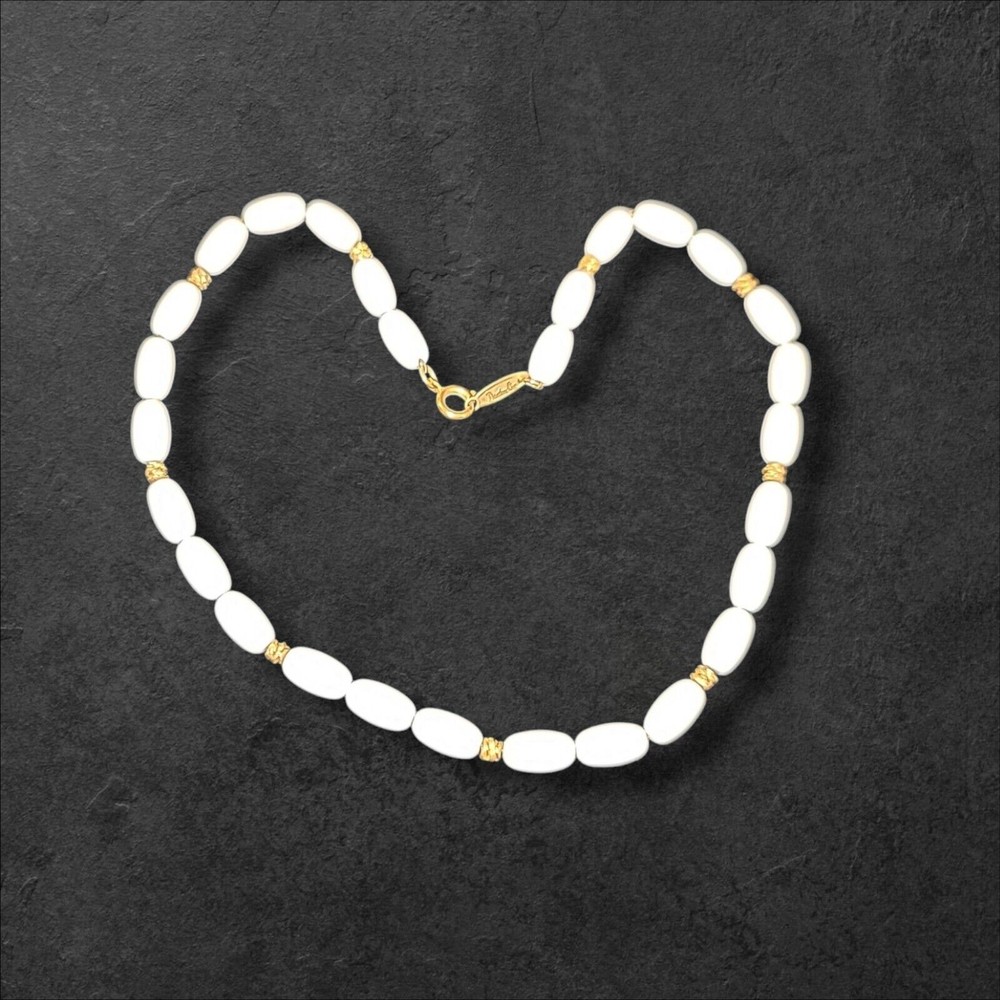 Vintage Direction One White Acrylic Bead Choker Collar Necklace Gold Accents 14″