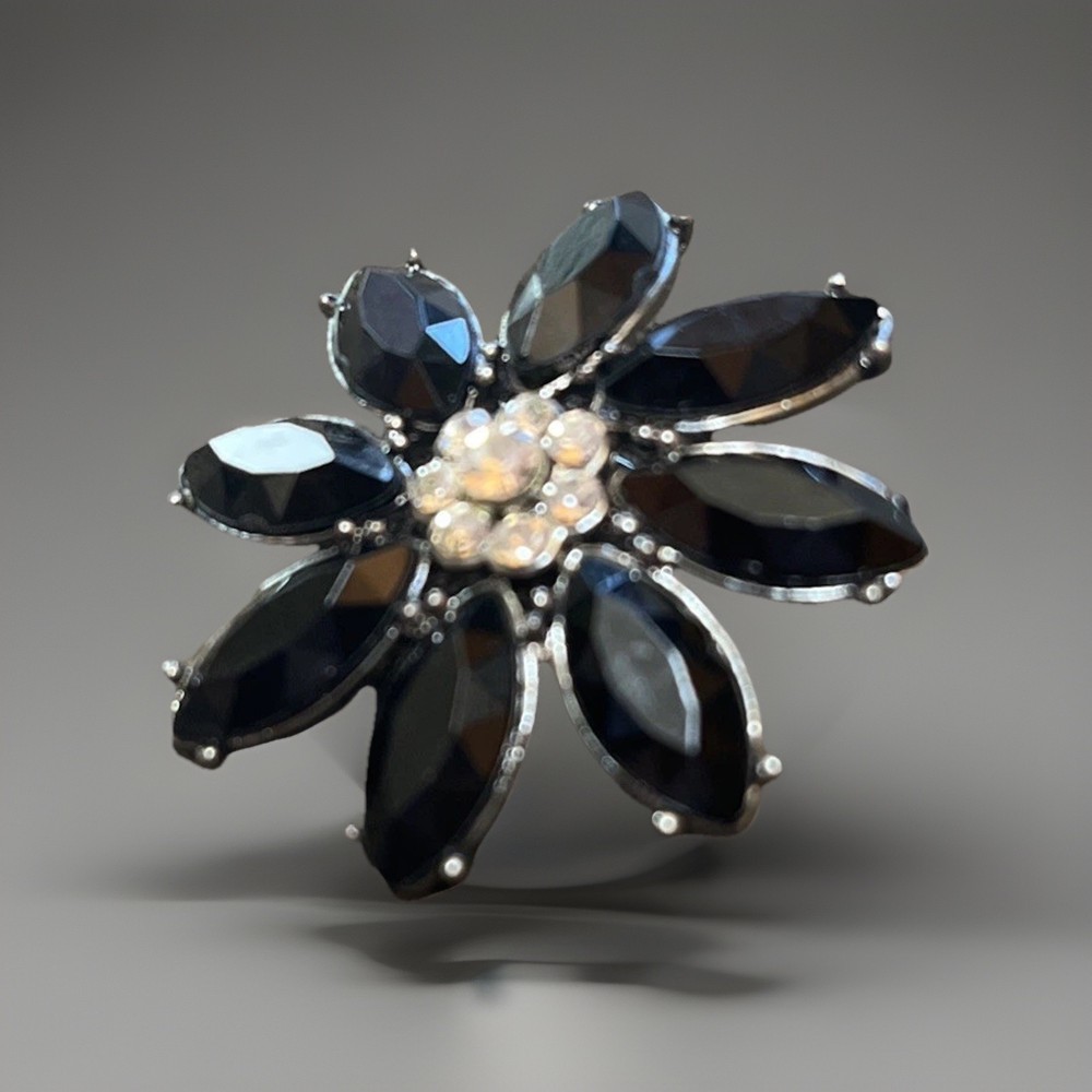 Vintage Jet Black & Clear Rhinestone Flower Stunning Brooch Pin Mourning Gothic
