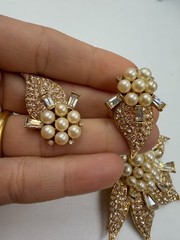 Vintage Brooch Marvella Clip Earrings Set Matching Encrusted Simulated Pearl