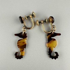 Vintage GF Seahorse Earrings Brown Beige Translucent Light Weight Screw Back