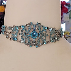VCLM Aqua Crystal Turquoise Rhinestone Choker – High End Costume Piece Marked