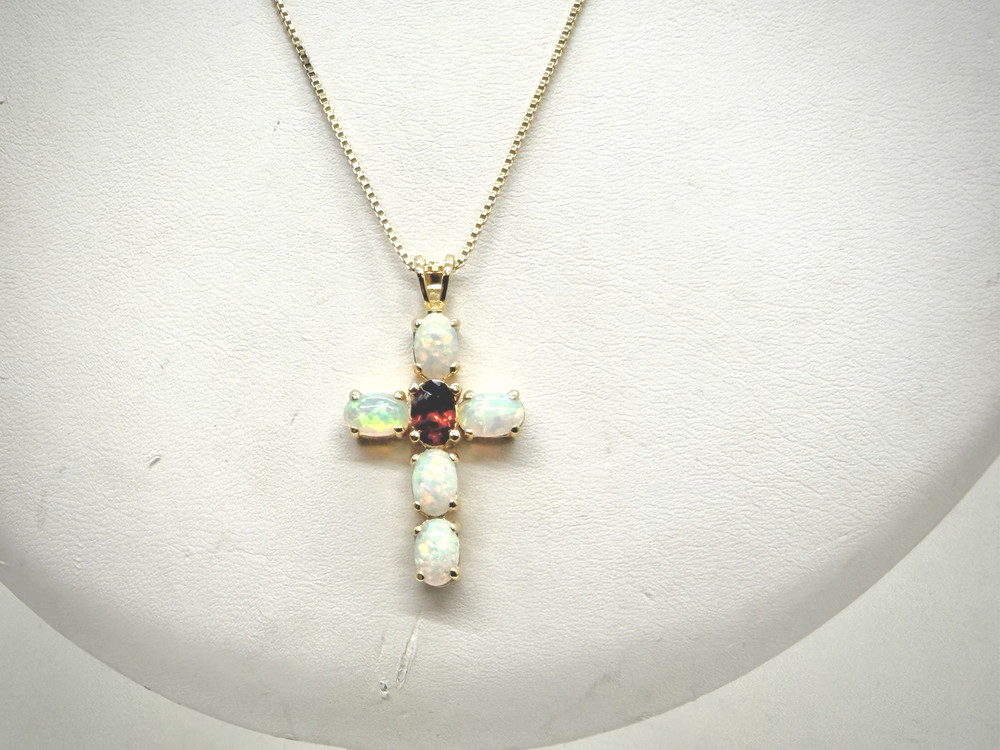 Fire Faux Opal & Garnet 925 Sterling Silver Cross Pendant Necklace 18″ inch