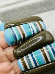 Vintage Chunky Striped Resin Stretch Bracelet Blue Aqua Brown Lucite Acrylic