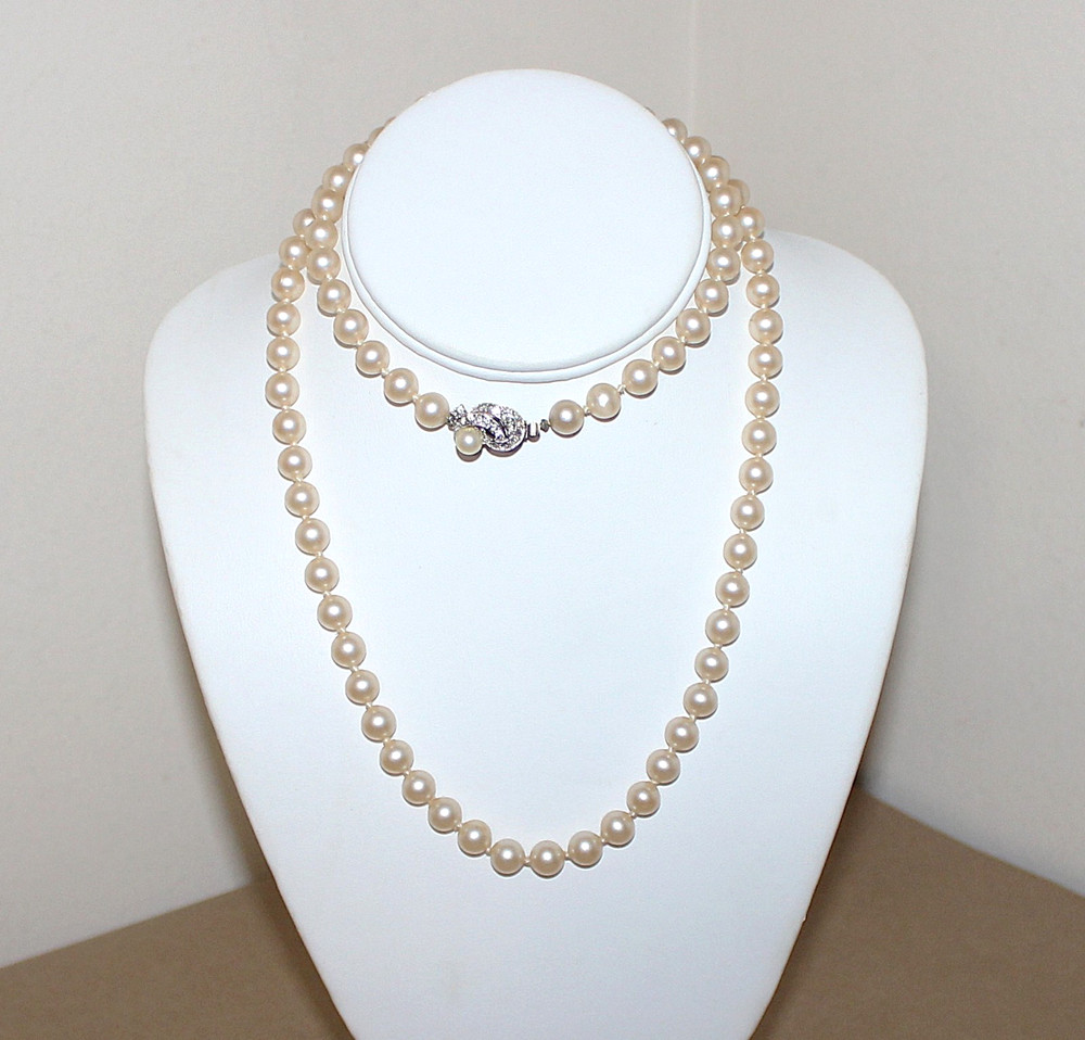 Vtg Knotted Faux Pearl Necklace 30″ REAL DIAMONDS in Clasp-50’s High End Costume