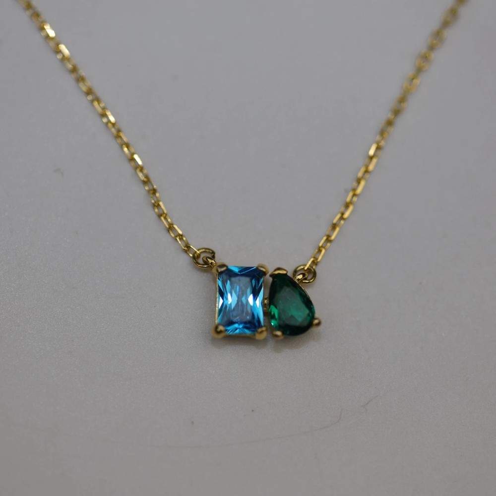 Blue Green Square and Teardrop Gemstone Pendant Necklace Vermeil Sterling Silver