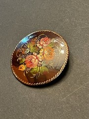 Russian Floral Brooch Hand Painted made in USSR Brown Autumnal Flower VTG Pin