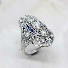 Art Deco Style Lab-Created Diamond & Sapphire Engagement Ring 14K White Gold FN