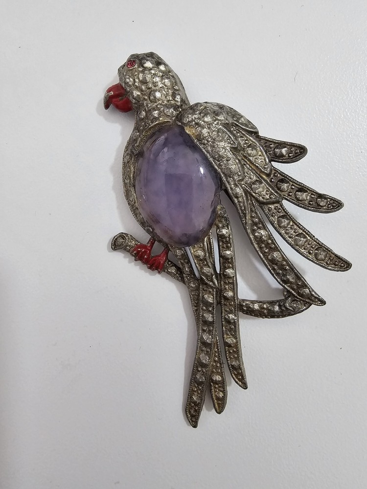 Vintage Pot Metal Jelly Belly Purple Lucite Parrot Brooch Silvertone Rhinestone
