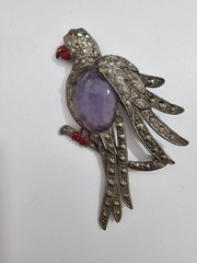 Vintage Pot Metal Jelly Belly Purple Lucite Parrot Brooch Silvertone Rhinestone