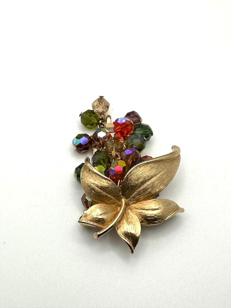 Vintage Gold-Tone Flower Brooch With Colorful Faceted Beads & Secure Pin Clasp