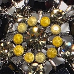 Vintage Flower Rhinestone Brooch 45mm Black Clear Lucite Burst Gunmetal Tone