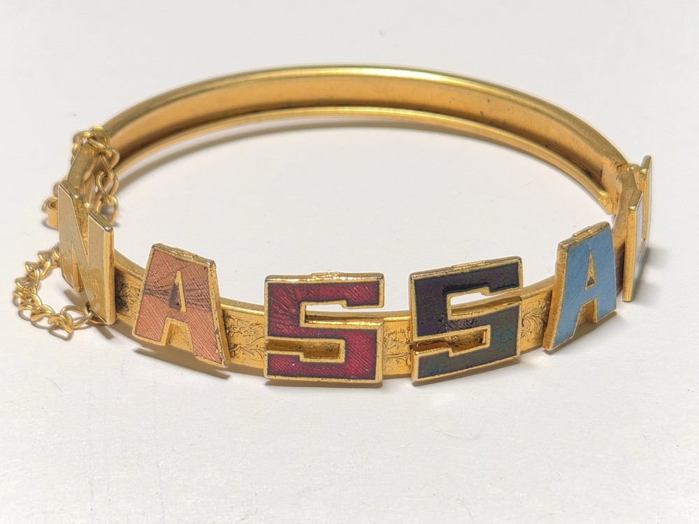 Vtg NASSAU enamel Letters Etched Art Deco Bracelet Vtg Hinged Bahamas Women’s