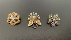 Vintage Lot Of 3 AB Aurora Borealis Rhinestone Gold Tone Pin Brooch Small Flower