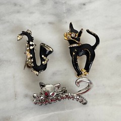 Vtg RHINESTONE CAT BROOCH LOT Gold Tone Saxophone Music MID CENTURY MODERN MCM