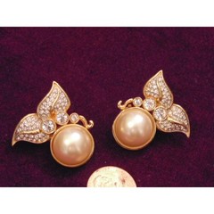 NOS 80s Swarovski Crystal Mabe Pearl Pave Rhinestone Gold Clip Earrings SAL