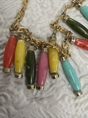 Vintage Bohemian Dangling Multicolor Oblong Beads Gold Plated 24” Necklace