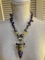 Crystal Necklace Amethyst Amber Color Unk Origin Huge Swing Pendant Handcrafted