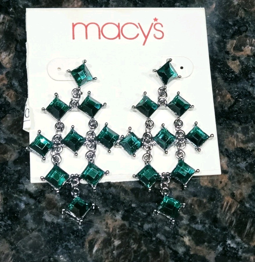 Green Rhinestone Earrings Dangle Silver tone Boho 80’s style Macy’s Vintage 2 in
