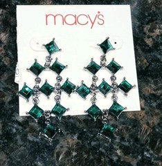 Green Rhinestone Earrings Dangle Silver tone Boho 80’s style Macy’s Vintage 2 in