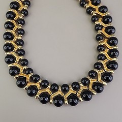 Vintage Beaded Necklace Black Gold Tone Collar Choker SHORT 14.5″