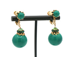 Vintage Vendome Signed Green Ball & Rhinestones Dangle Drop Clip On Earrings