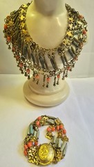 Vintage Egyptian Revival Faience Style Bib Necklace & Bracelet Brass Tone READ