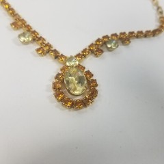 Vintage Prong Set Orange & Lemon Rhinestone Necklace 16.5″ Gold-Tone Icey Choke