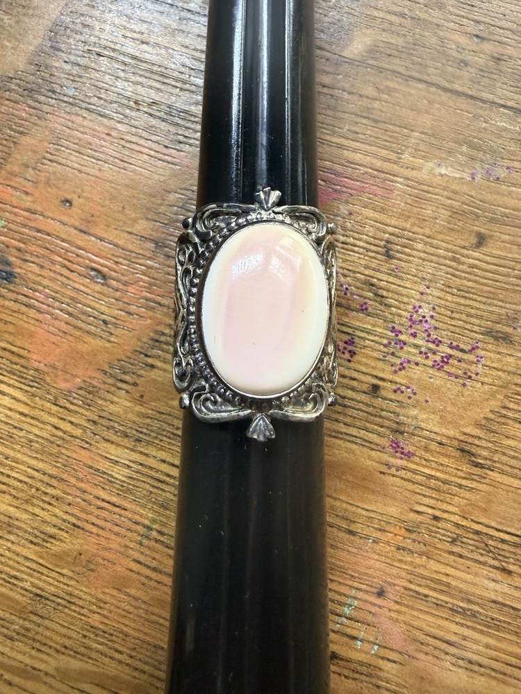 Vintage Sterling Silver 925 Large Pink Oval Stone Ring PTI Nepal