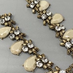 Statement Rhinestone Necklace Gold Tone Bib Tan Acrylic Clear Metallic Glass 18″