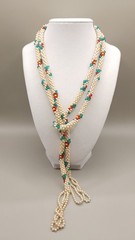 Vintage 1960s Bead Crochet Lariat Tassel Necklace Faux Pearl Floral Rope 48″