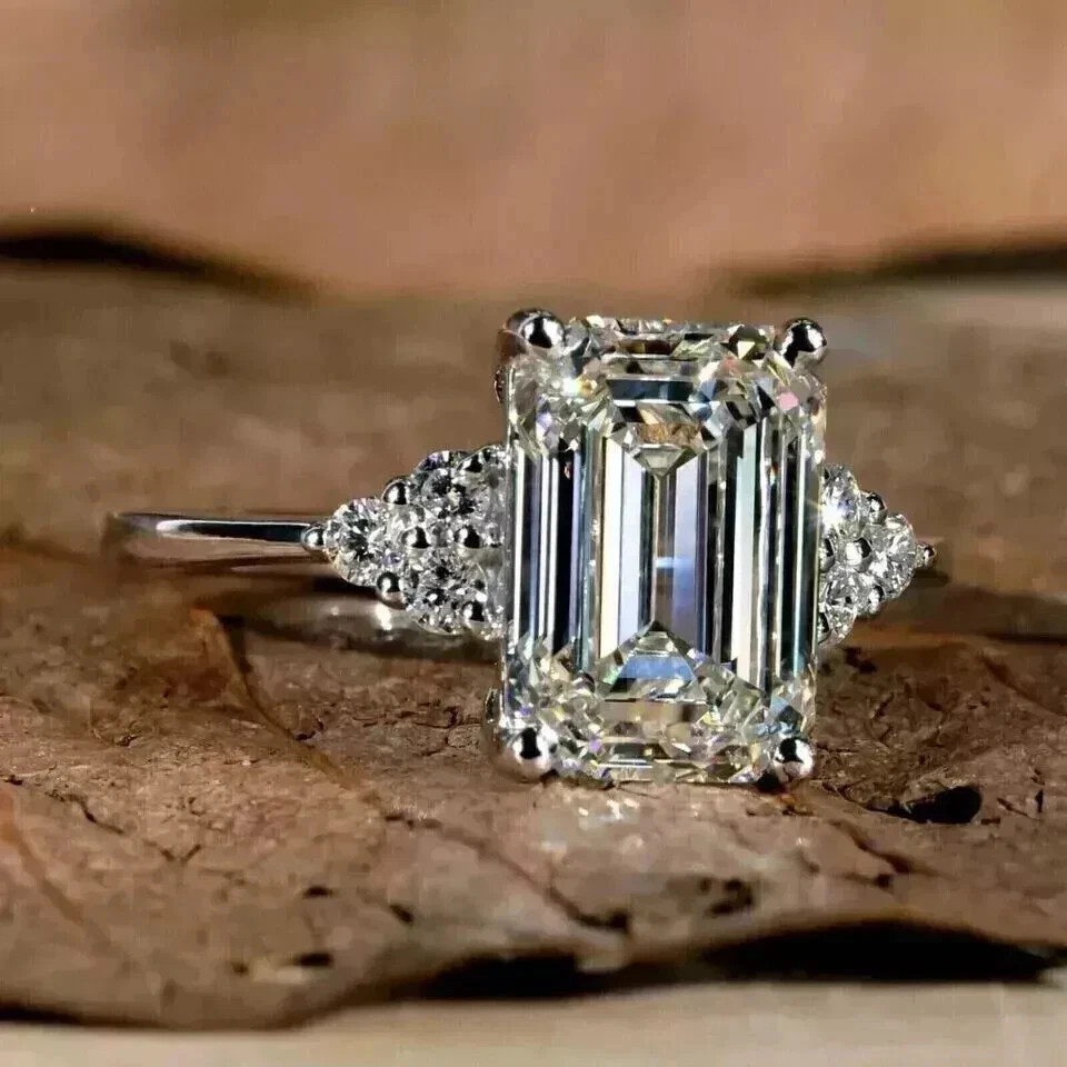 3.50 CT Emerald Cut Lab Created Diamond Engagement Ring 14K White Gold Plated