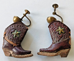 Vintage Brown Cowboy Leather Boots/ Wood Heels Screw Back Earring Made In Mexico