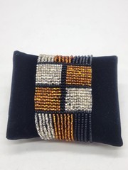 Black, Silver & Gold Woven Seed Bead Bracelet Geometric Pattern 7″