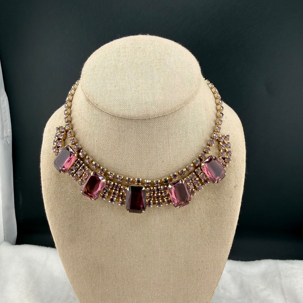 Vintage Purple Rhinestone Necklace Gold Tone 14”