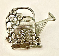 SIGNED Birds & Blooms Garden Watering Can Brooch LE 2000 Silver Tone 1.5”
