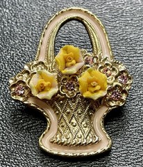 Vintage 1.5” Yellow Ceramic Flower Pink Rhinestone Gold Tone Basket Brooch Pin