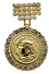 Vintage Faux Coin 1957 South Africa 1/2d Rhinestones Dangle Brooch Gold Tone