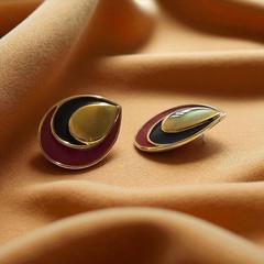 Monet Earrings Gold Tone Red Black Stud Tear Drop Shape Signed (B110)